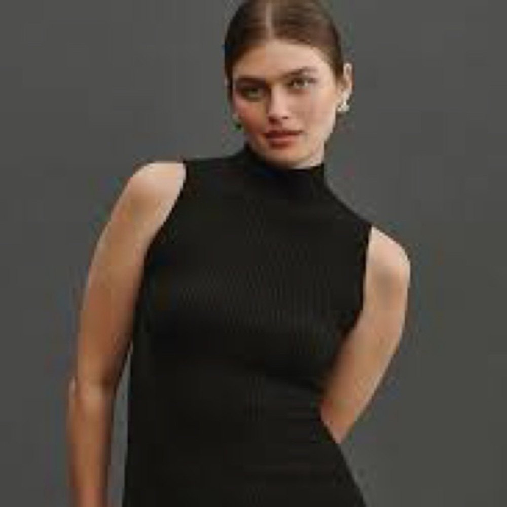 Maeve‎ One-Shoulder Black Ribbed Mock Neck Dress